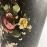 Napoleon III waste paper basket in black sheet metal and painted flowers, 19th century