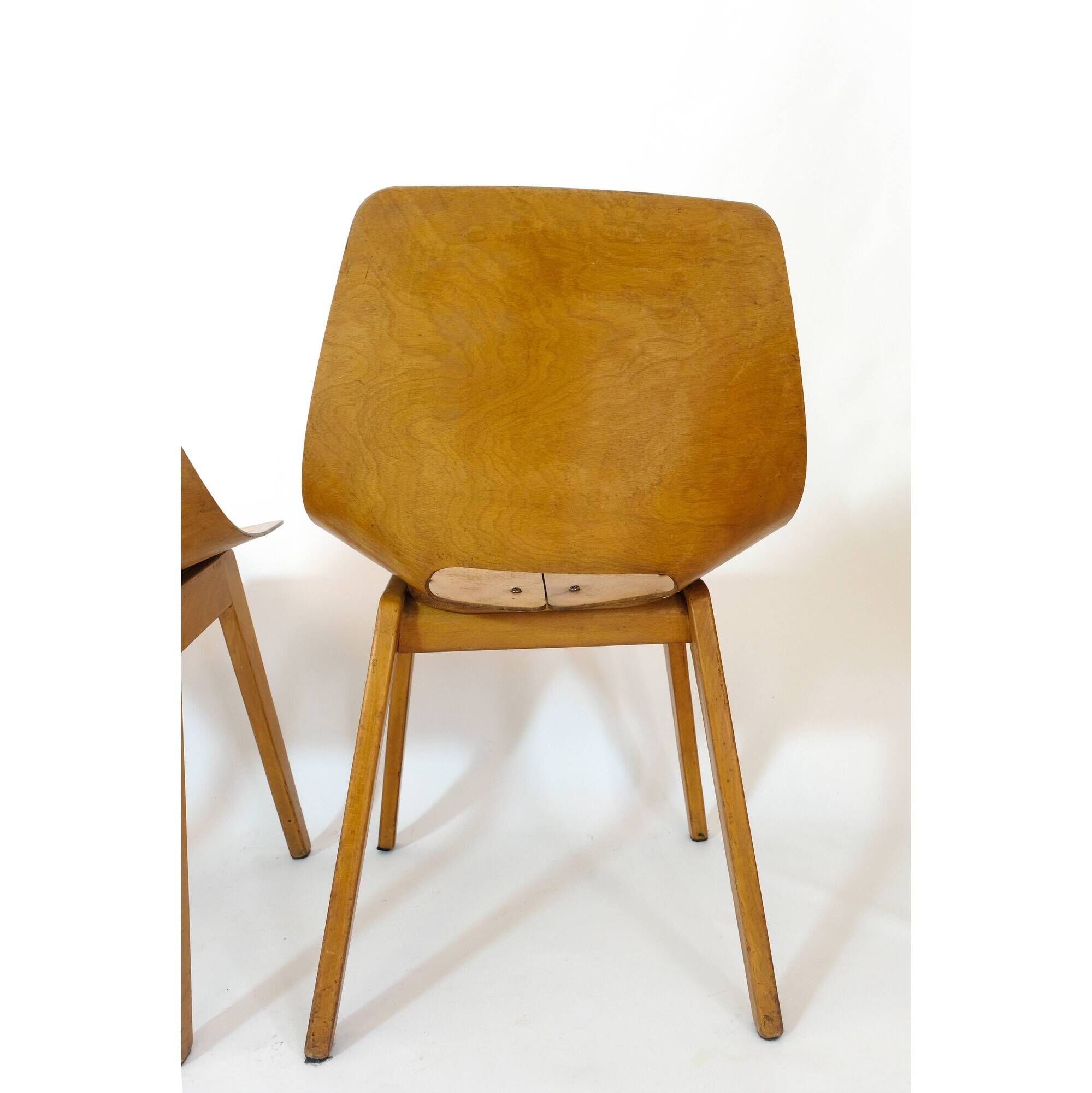 Set of 4 barrel chairs, wooden base, Pierre Guariche, Steiner, 1950s.