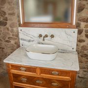 Antique washbasin cabinet from 1928 in wood and marble with illuminating mirror.