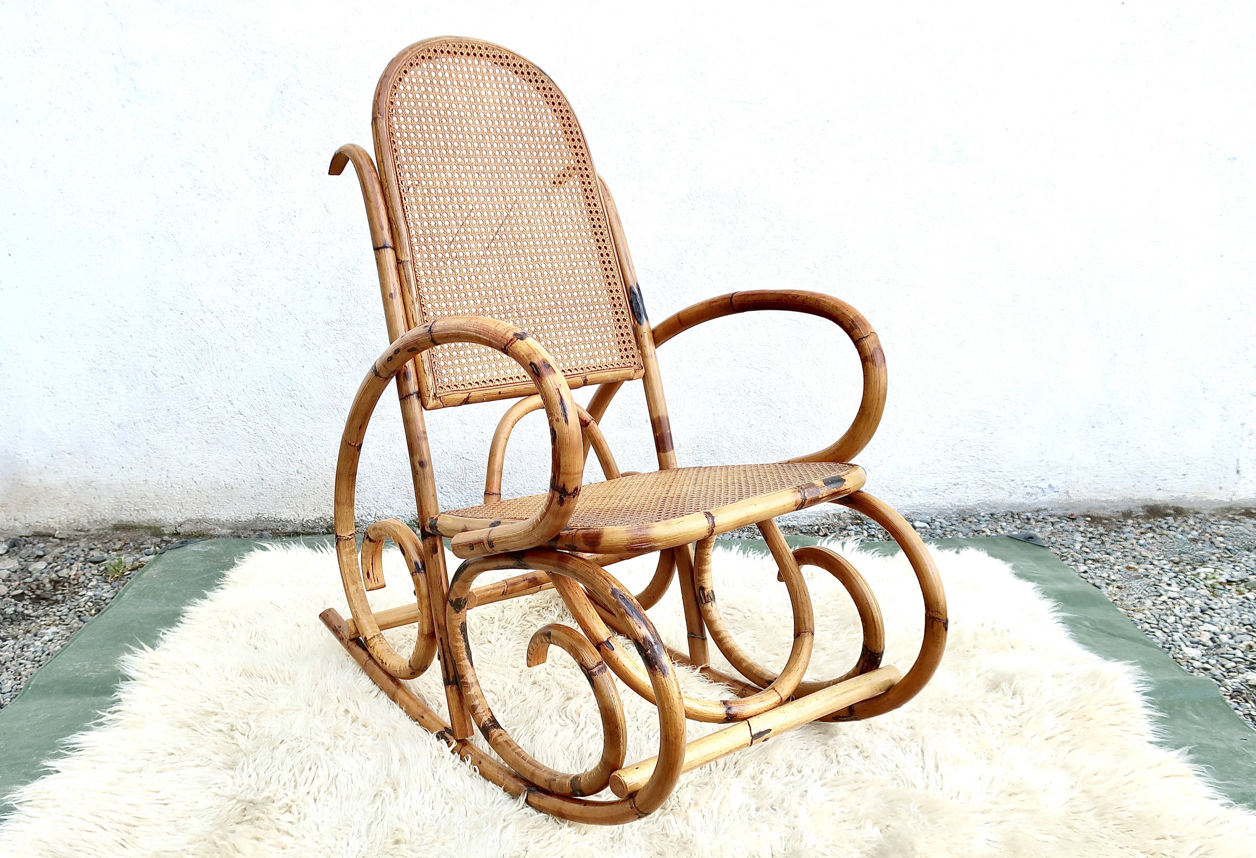 Rocking-chair canned in bamboo design 1960s
