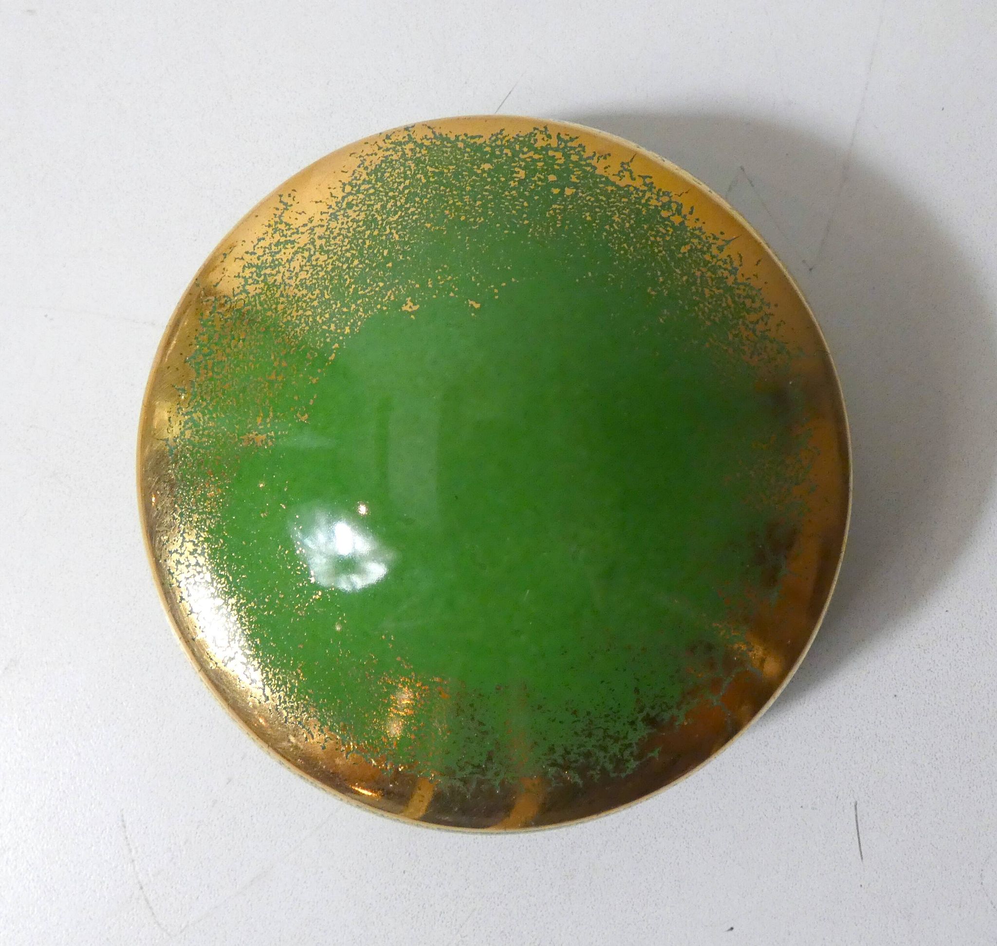 Green and gold Limoges porcelain candy box signed Catherine Lainé