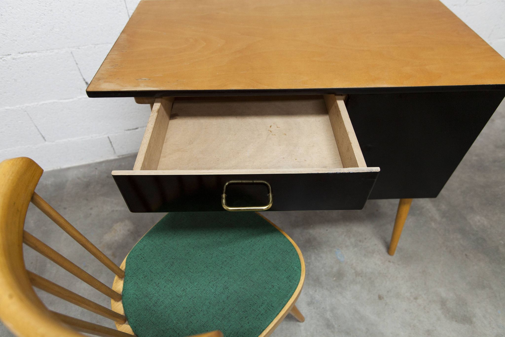 Baumann desk and chair, 1960s, Formica, wood and black, green seat