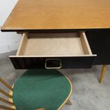 Baumann desk and chair, 1960s, Formica, wood and black, green seat