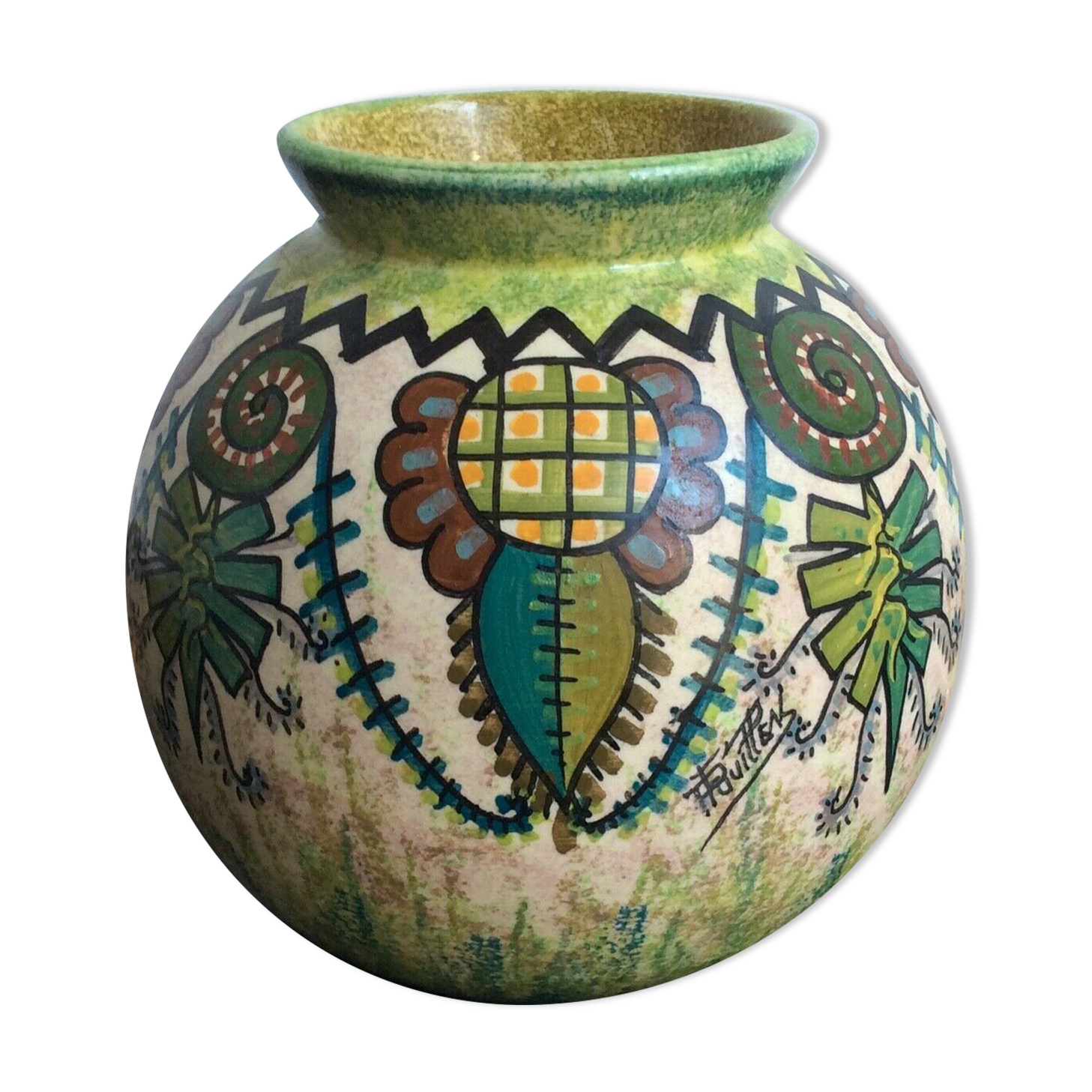 Bowl vase Paul Fouillen Quimper earthenware floral decoration, french hand painted