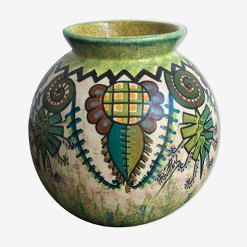 Vase boule Paul Fouillen Quimper faïence décor floral, peint à la main en France
