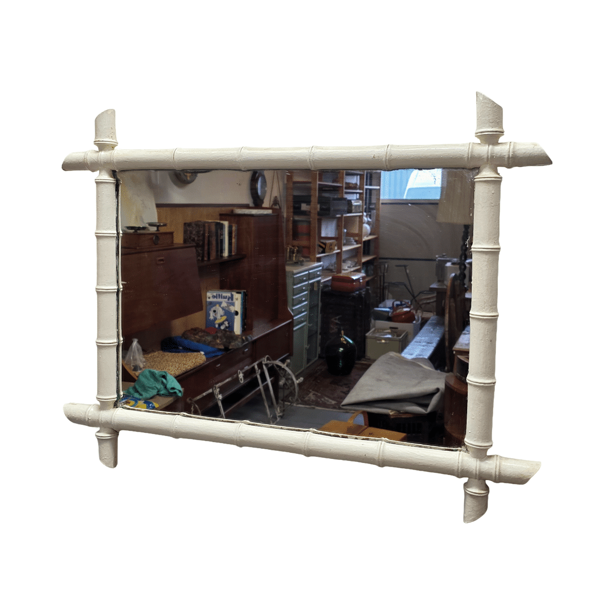 Large Vintage White Faux Bamboo Mirror, 1920/30s