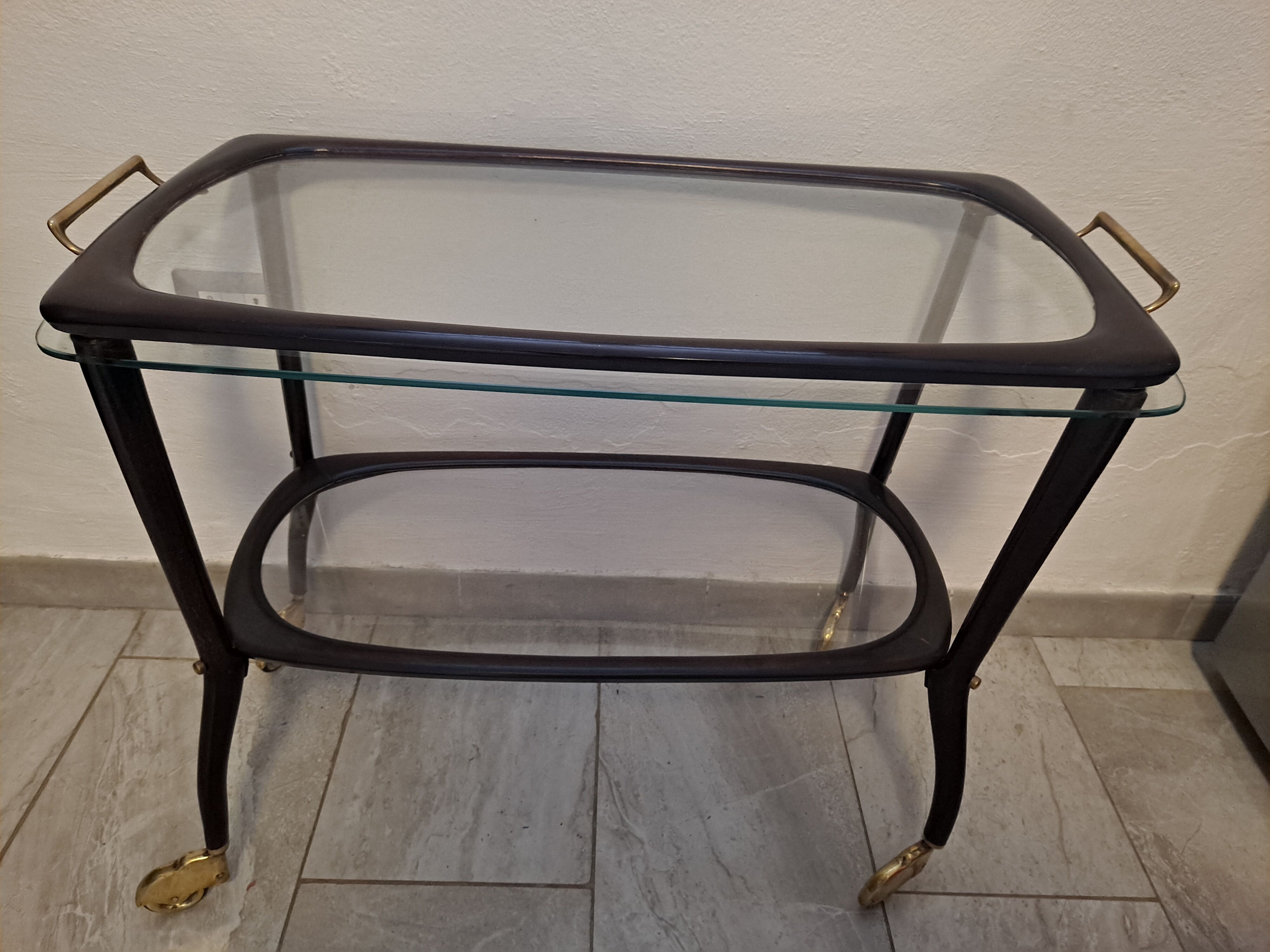 Midcentury mahogany italian bar cart with glass serving tray, 1950s
