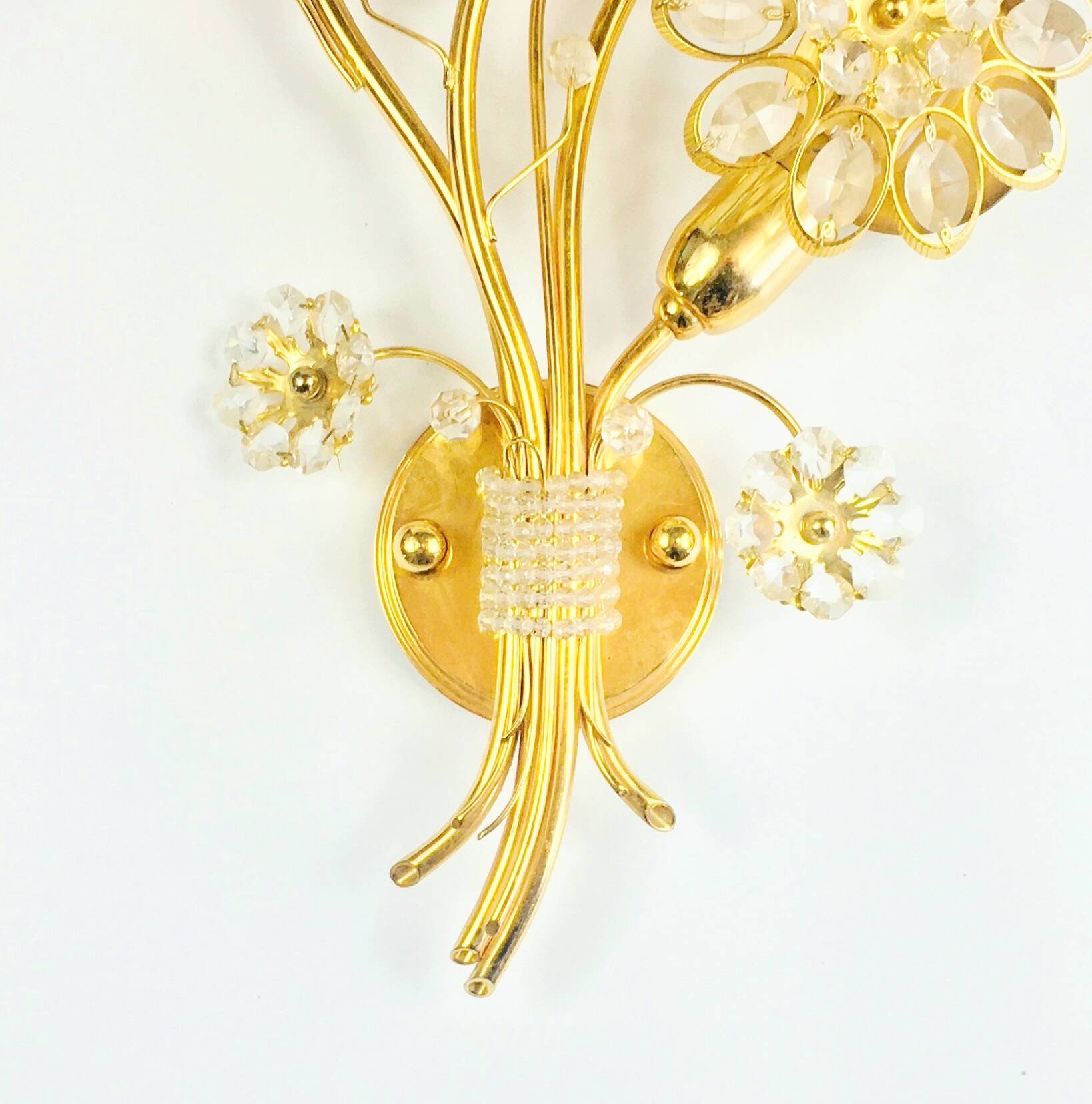 Large Gilt Brass & Crystal Flower Shape Wall Light from Palwa, 1970s