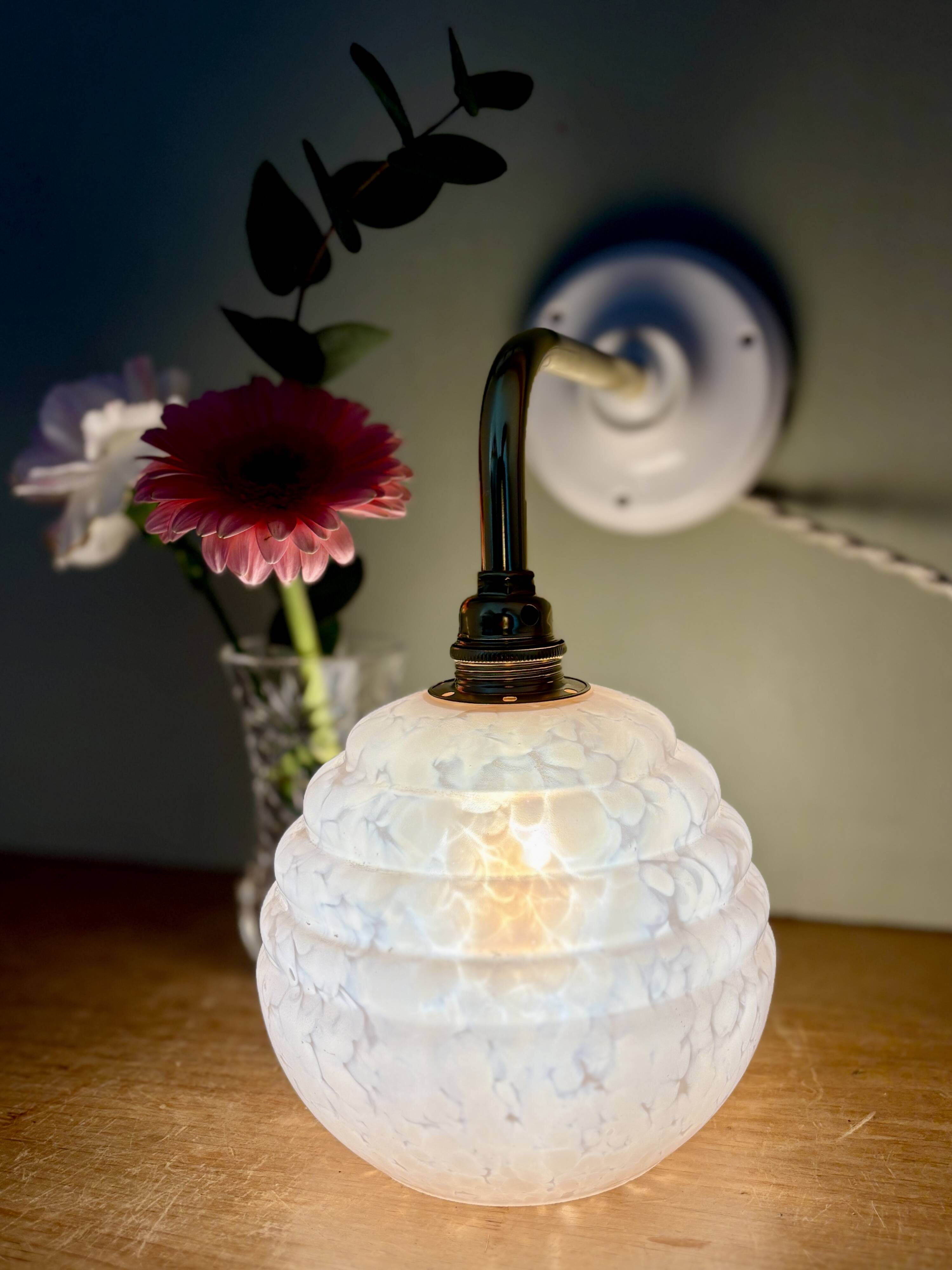 Vintage angled globe wall light in pink Clichy glass