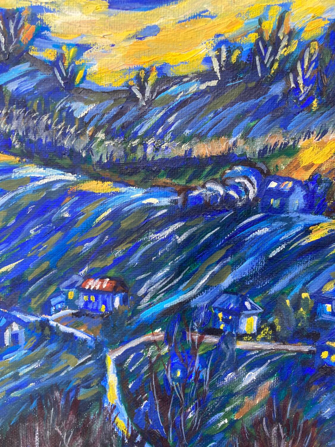 Starry night landscape painting oil on canvas