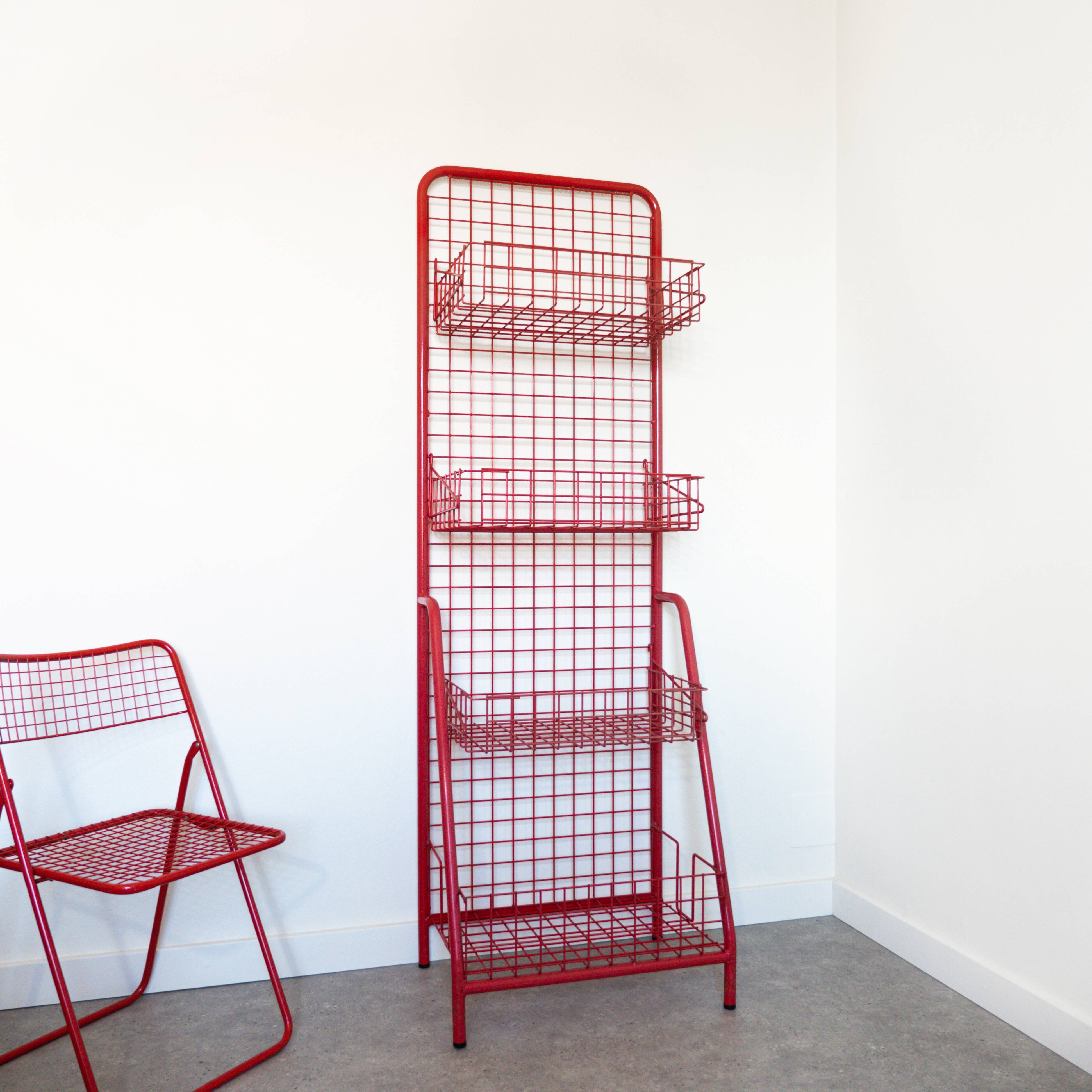 Red mesh metal grocery shelf