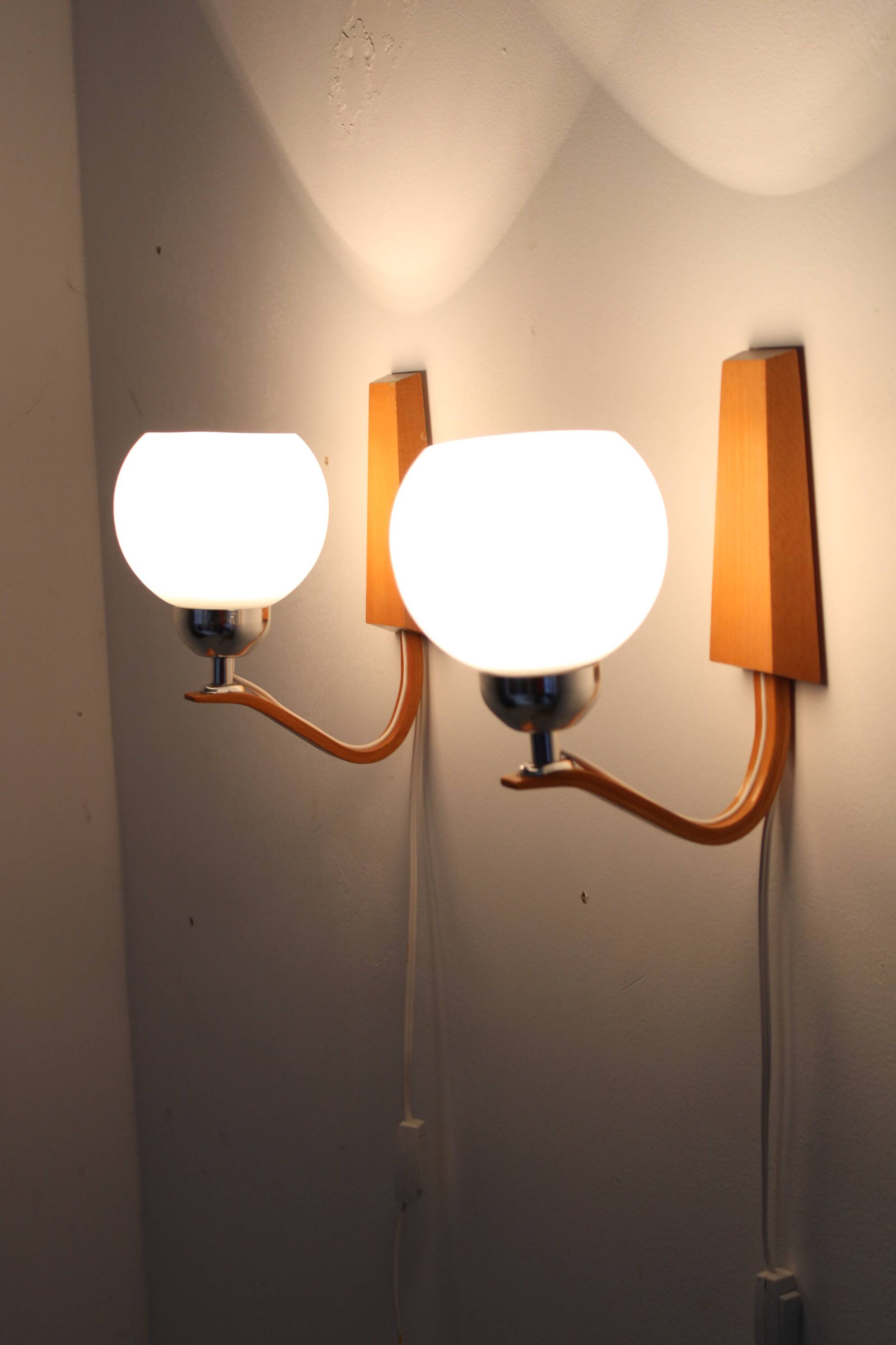 1960s Pair of Wooden Wall Lamps with Glass Shades by Drevo Humpolec, Czechoslovakia