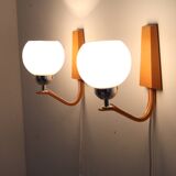 1960s Pair of Wooden Wall Lamps with Glass Shades by Drevo Humpolec, Czechoslovakia