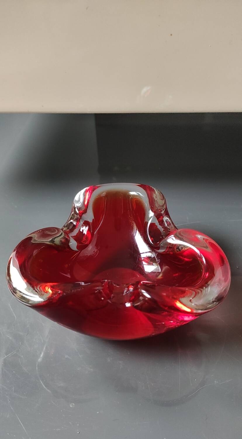 Murano Sommerso Ashtray/Vide Poche. Amber Iridescent Red Glass