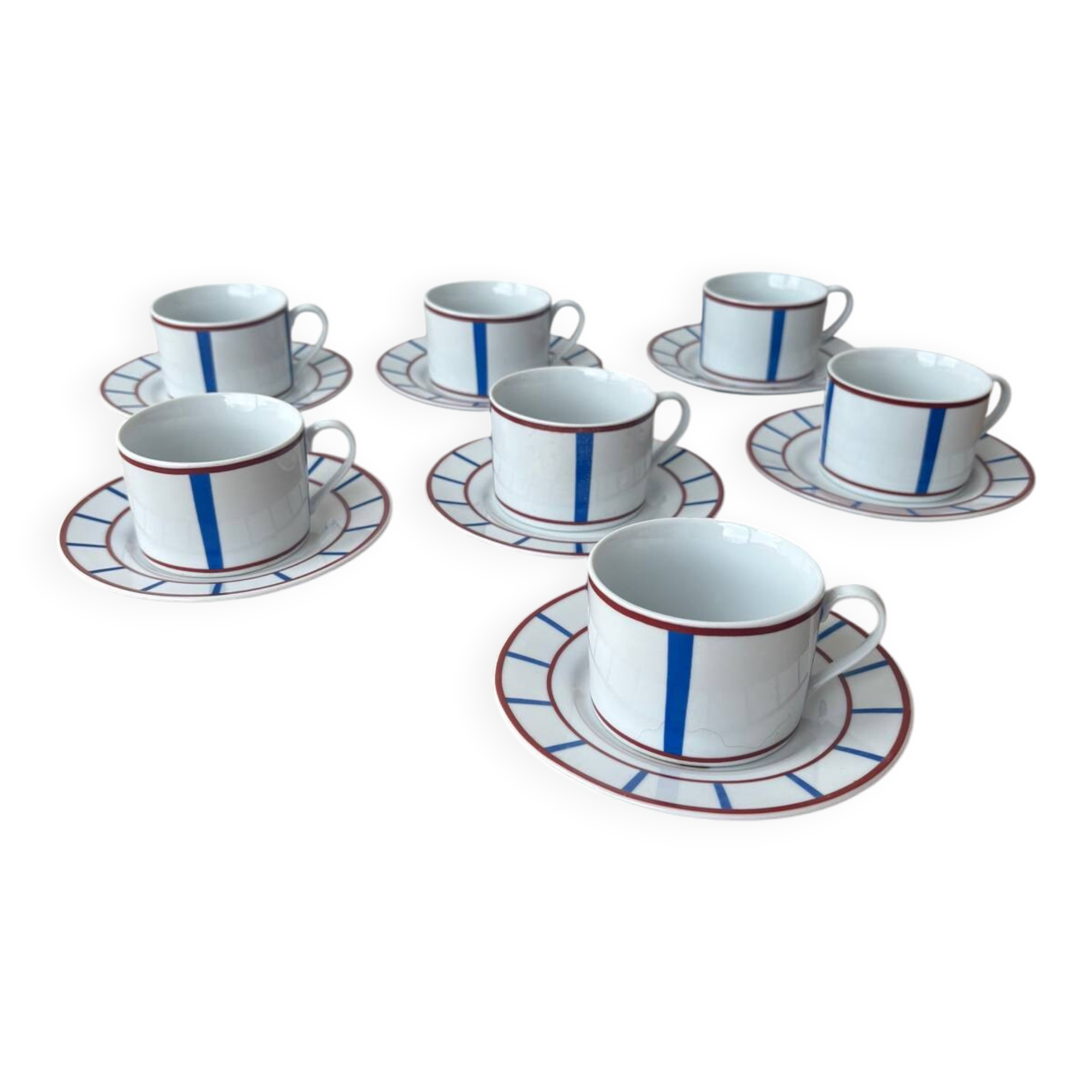 Set of 7 vintage Basque ceramic cups – blue stripes and
