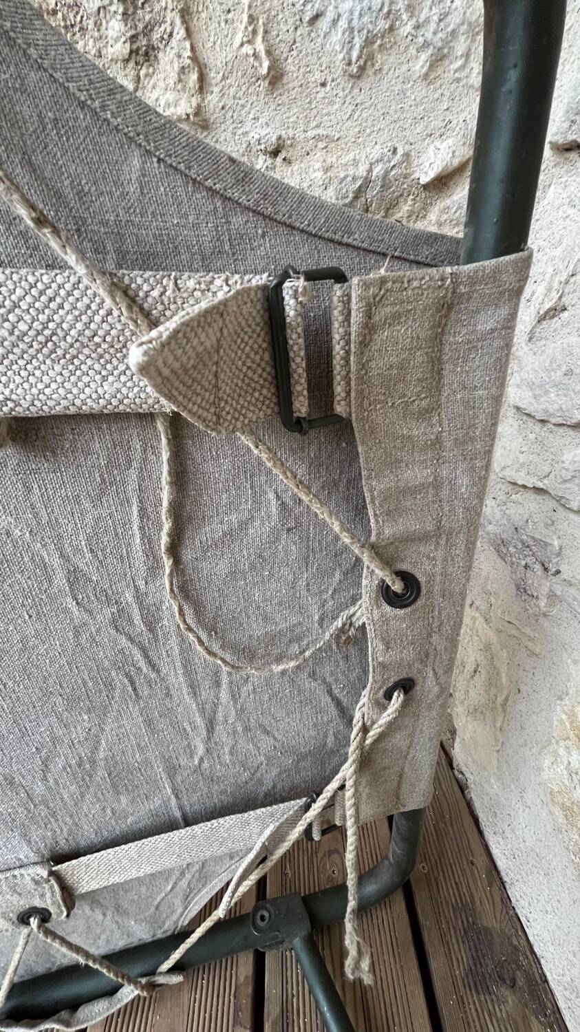 Antique folding military camp bed – khaki green canvas and metal