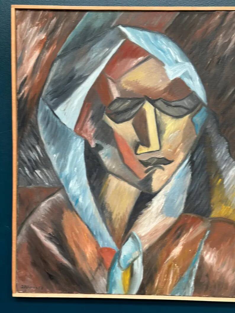 Original Swedish Oil on Canvas – “Cubist Woman Portrait” by Jan Pålsson – Signed – Dated 1980 – Vintage & Framed – 77 × 62 cm