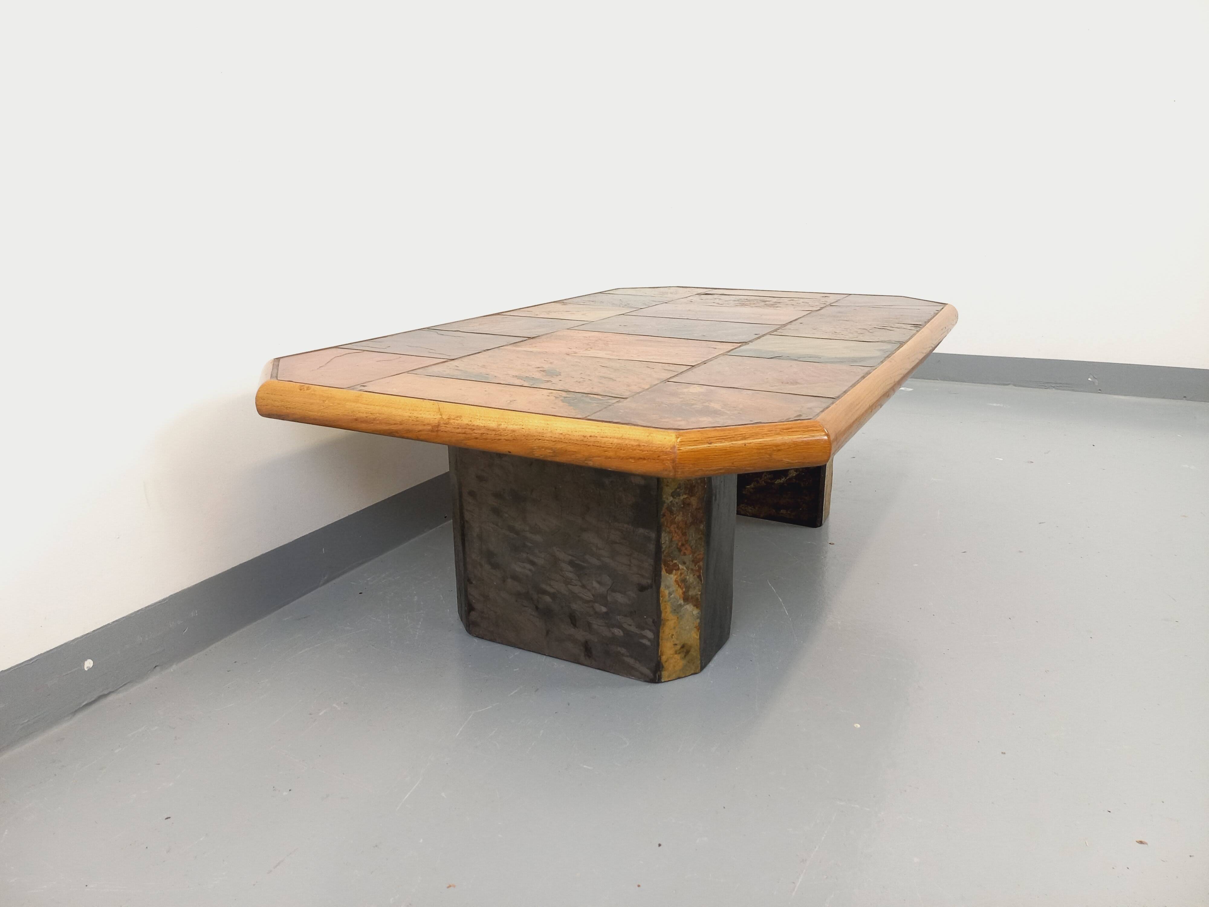 Vintage Brutalist Stone and Oak Coffee Table from the 70s 80s