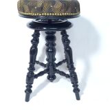 Old adjustable piano stool Napoleon III style with black & gold fabric