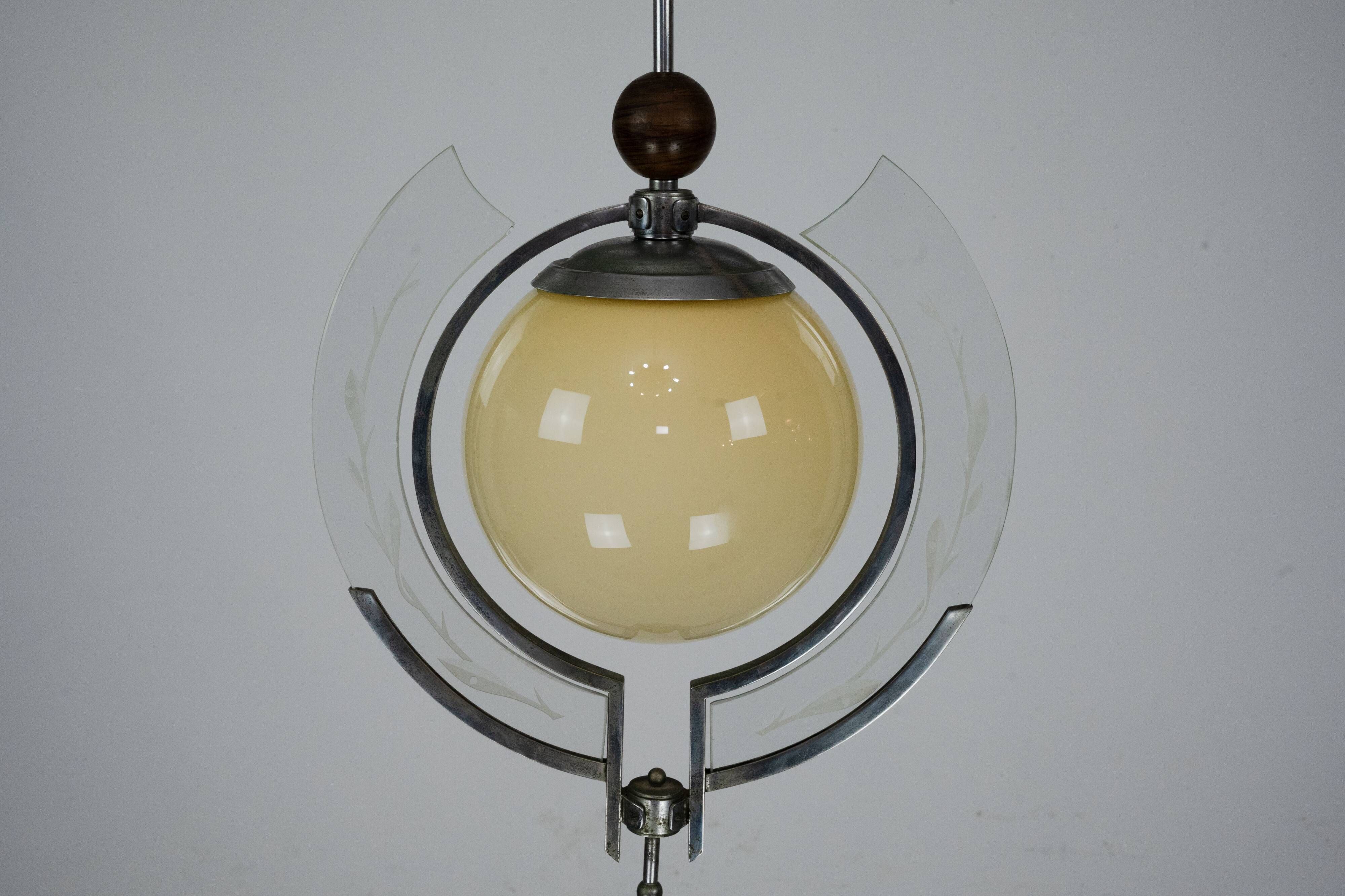 1930s Italian Art Deco Pendant Light with Etched Glass and Amber Globe