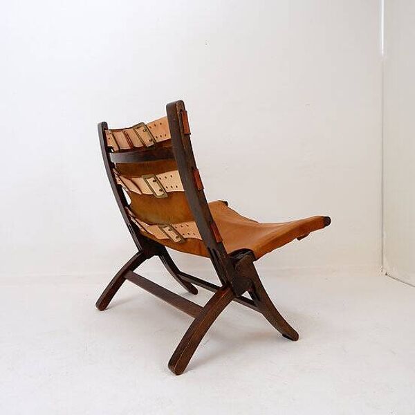 Fauteuil pliant en cuir et bois du milieu du siècle, années 1950