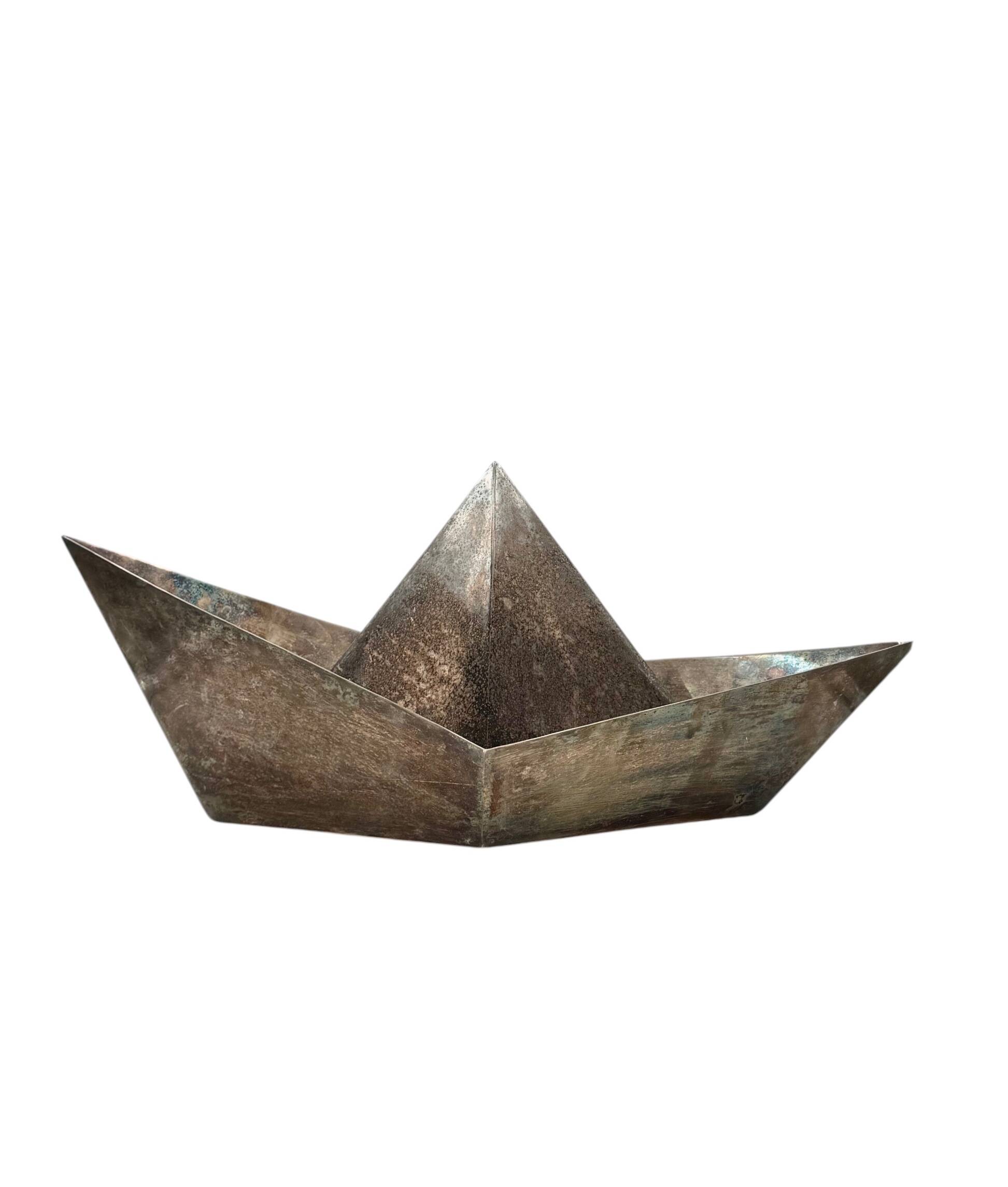 Modern silver-plated paper boat sculpture, Paola C. Aldo Cibic Italy 1980