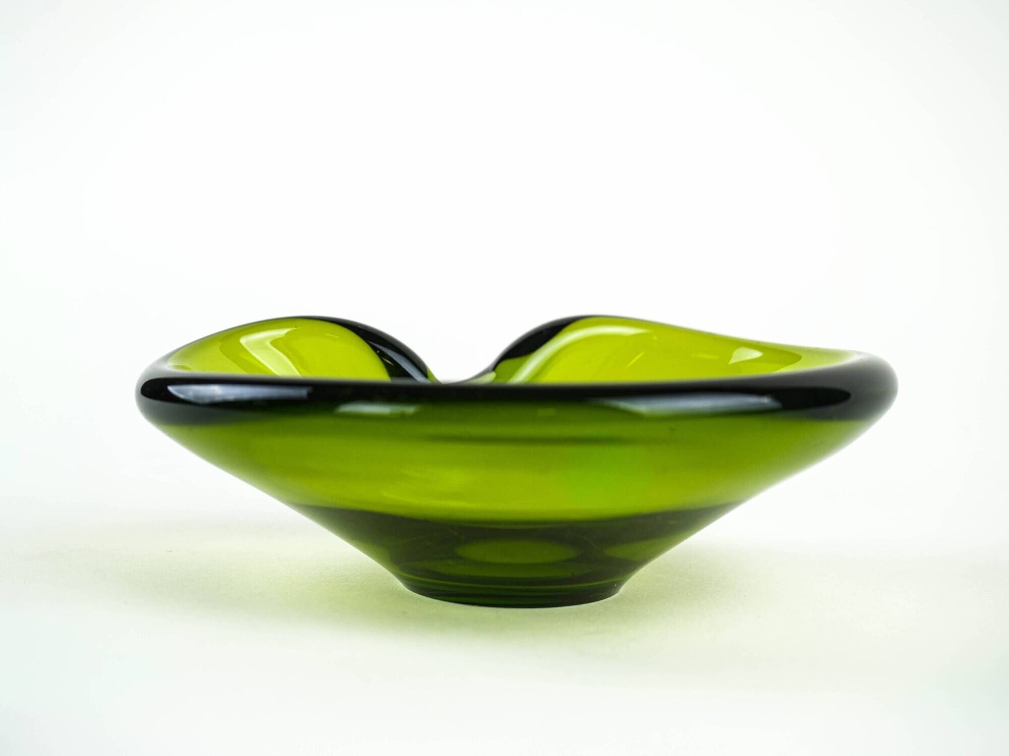 Holmegaard glass platter in olive green, organic form, Danish design, 1970s