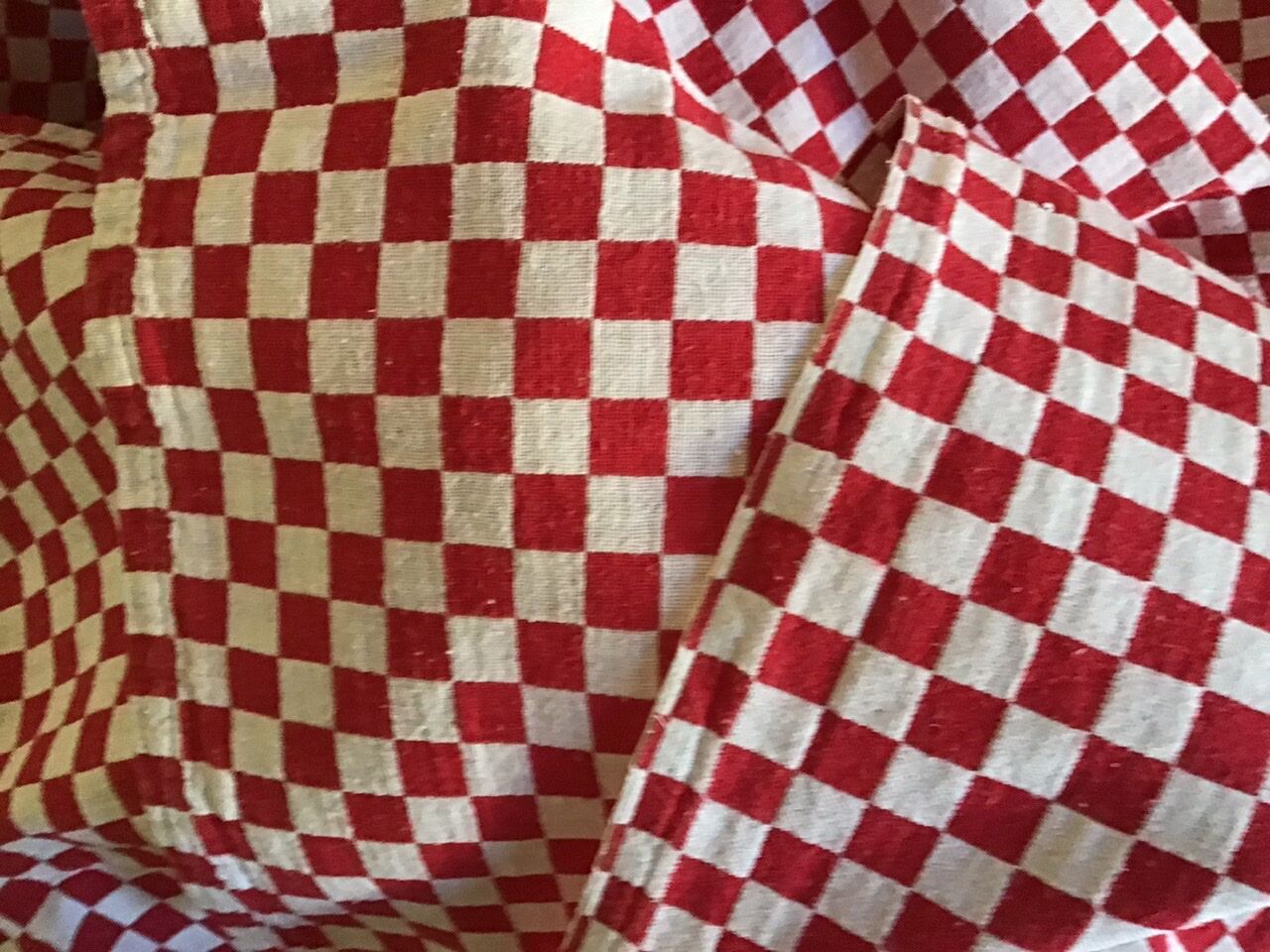 Long vintage red and white country tablecloth