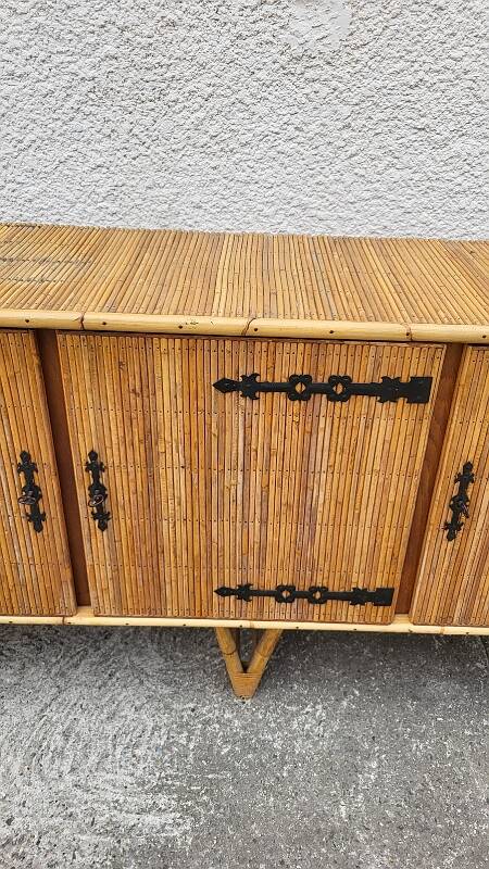 ENFILADE 3 DOORS VINTAGE 1960 IN RATTAN AND WROUGHT IRON