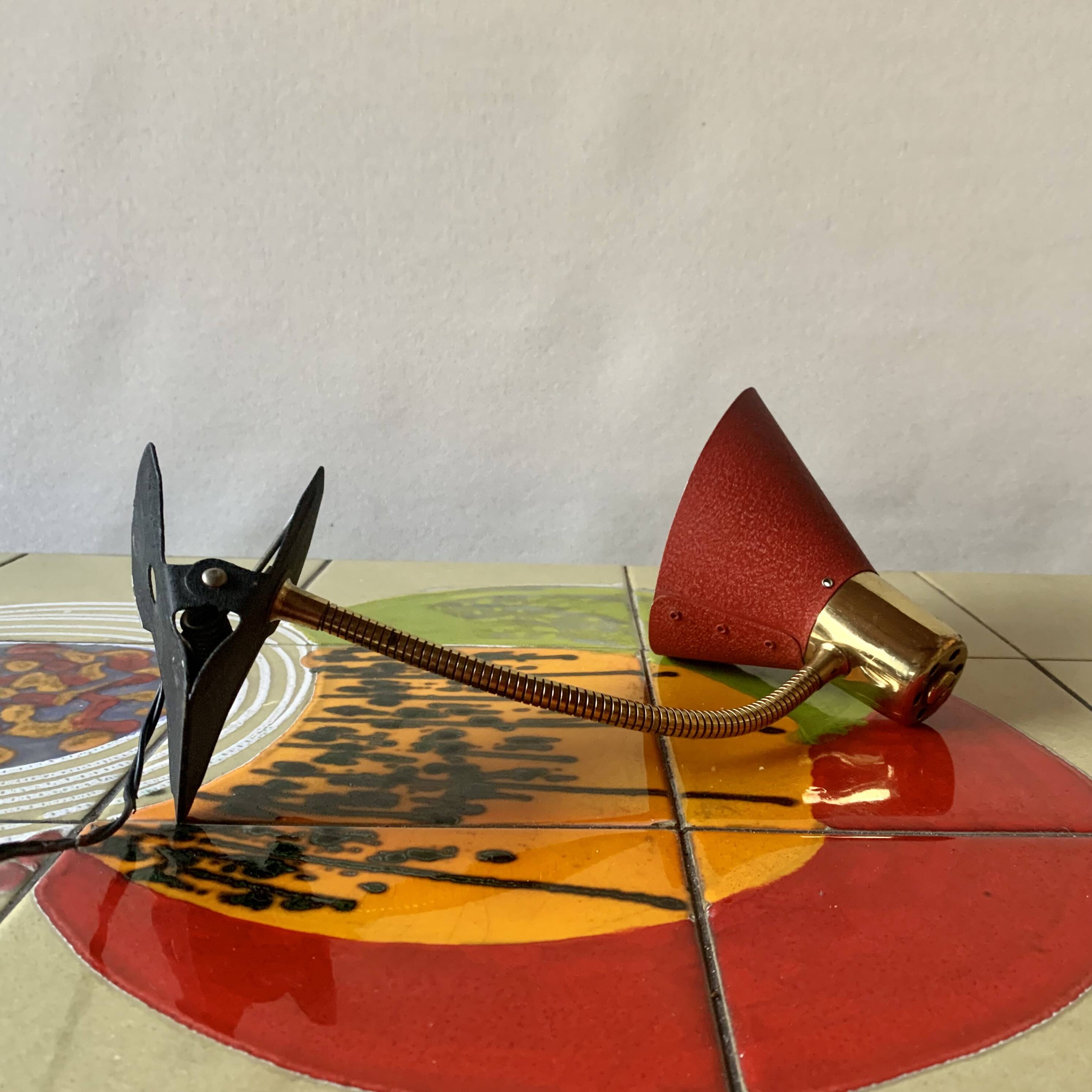Brass and red painted metal clamp desk lamp - 1950s