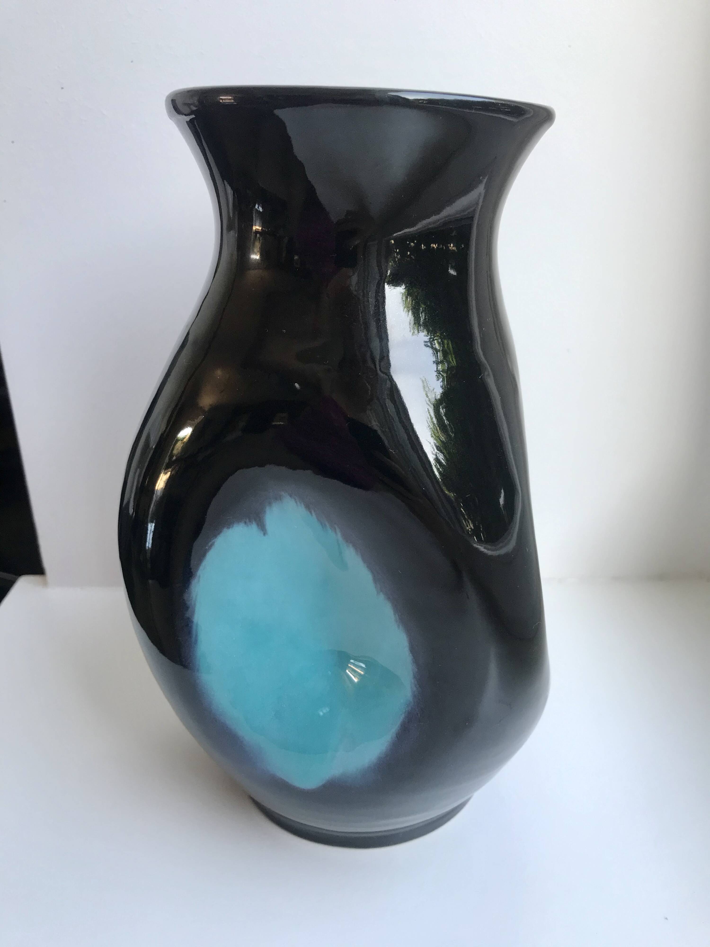 free-form design vase in black and blue ceramic from the 70s