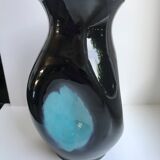free-form design vase in black and blue ceramic from the 70s