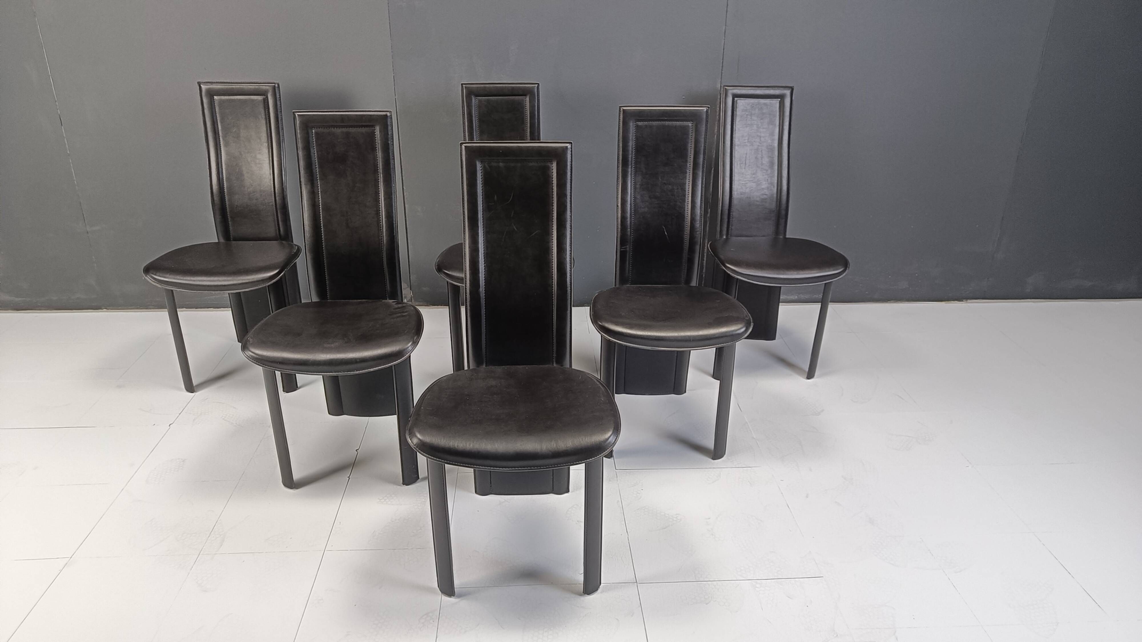 Vintage black leather high back dining chairs, set of 6, 1980s
