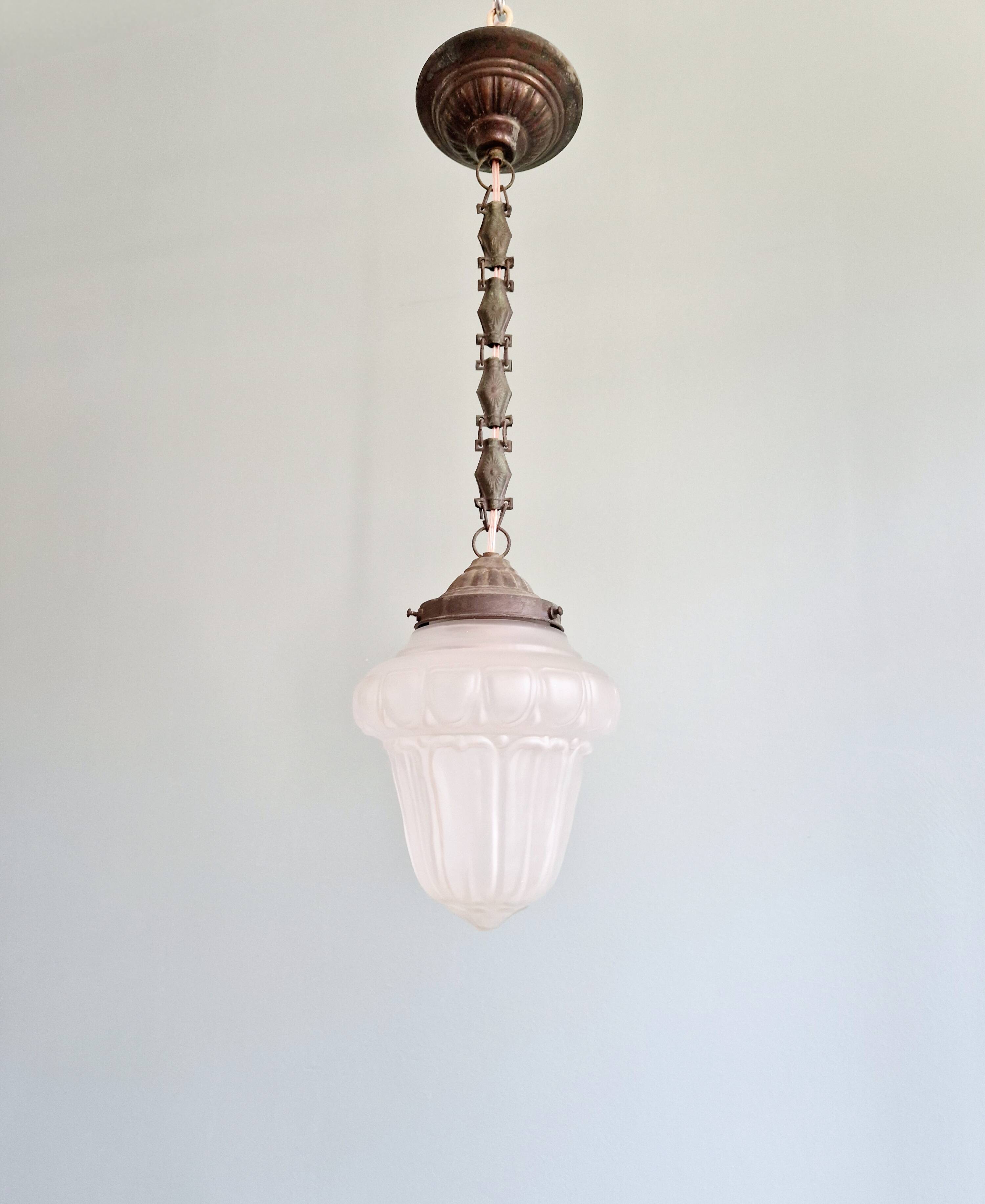 Art Deco pendant light in transparent satin glass, 1920s-30s