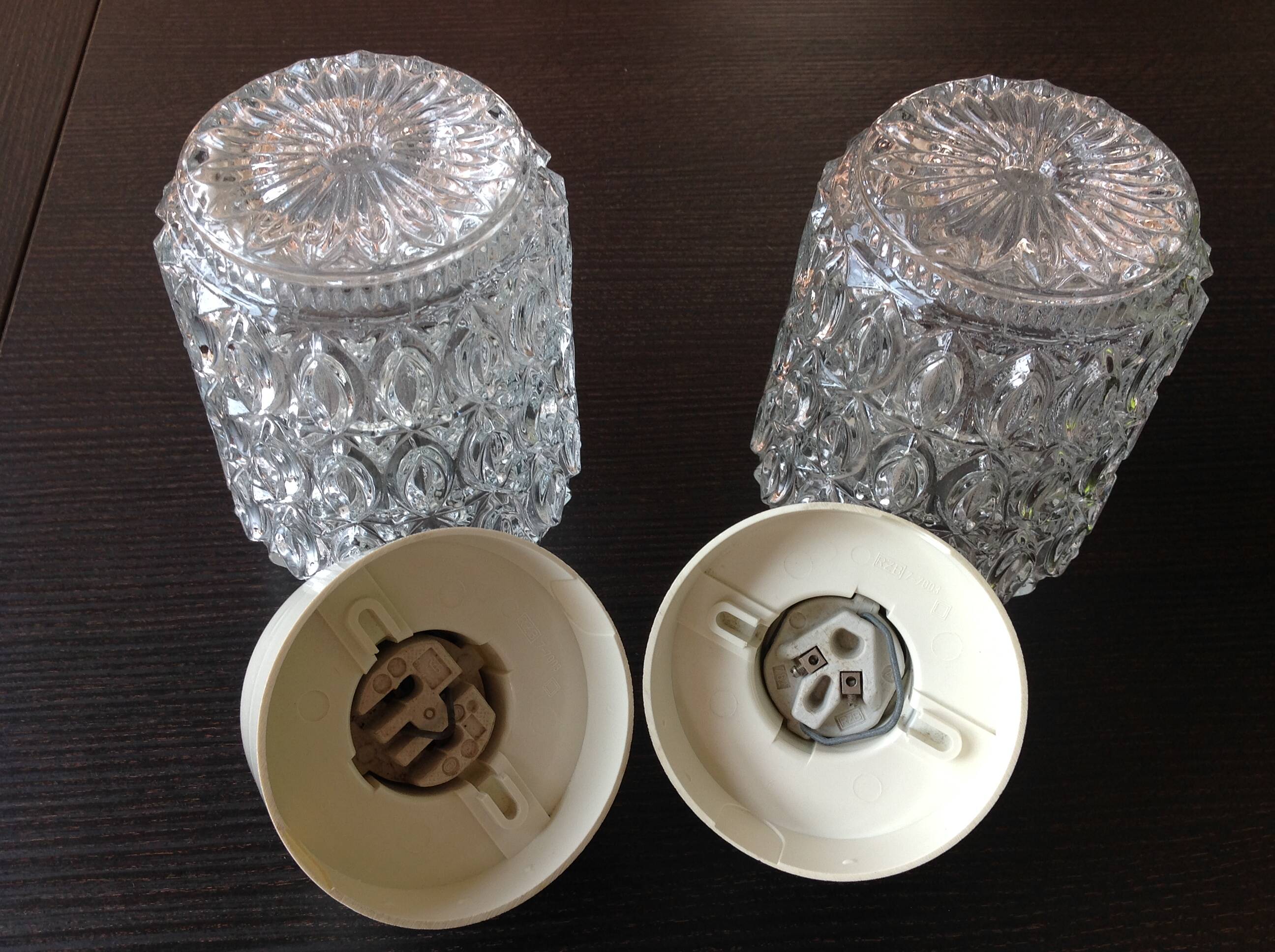 Pair of cylindrical structured glass ceiling lights / vintage 60s-70s