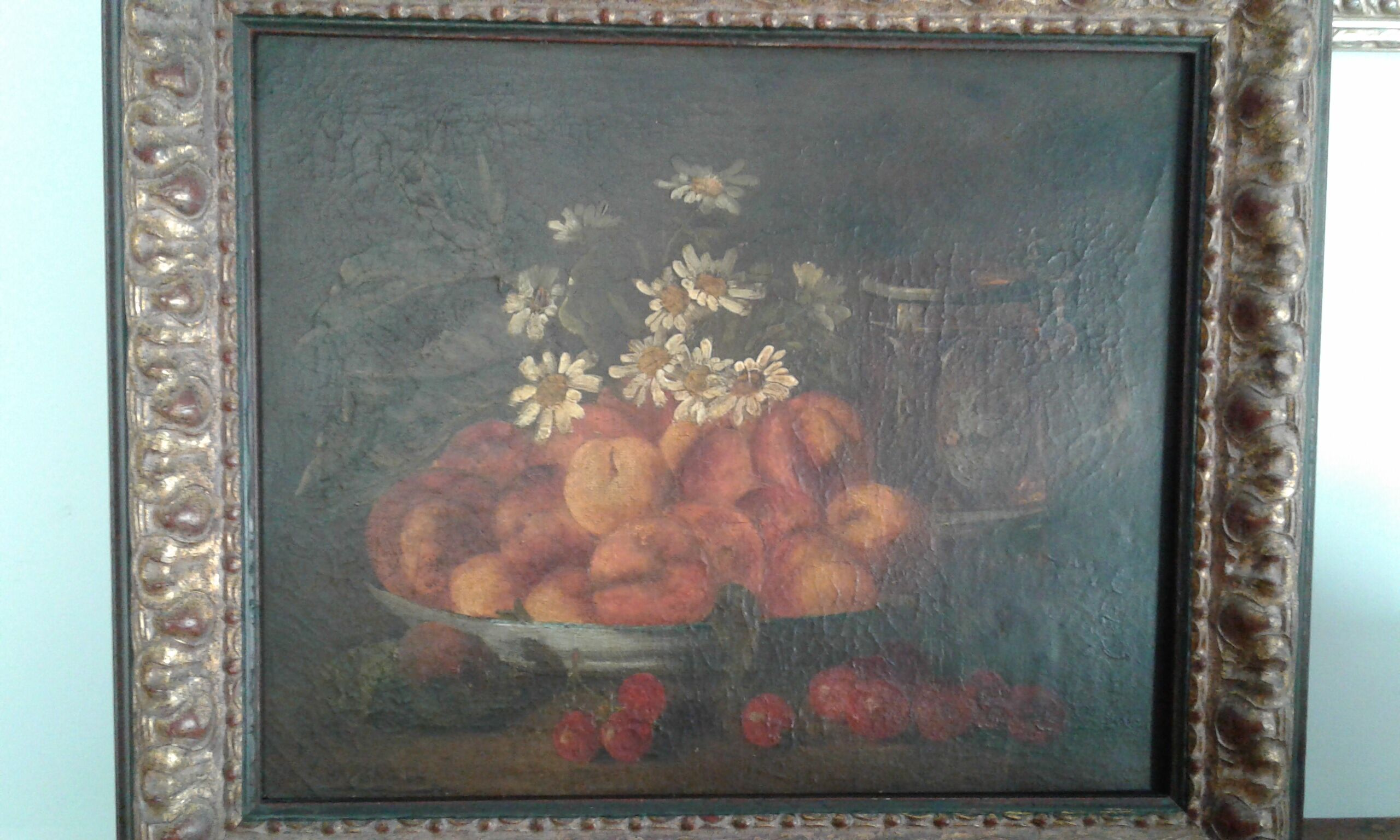 Table Oil on canvas. Old. Still life with apricots and peaches. 19 th
