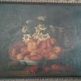 Tableau huile sur toile ancien nature morte aux abricots et pêches  . 19 ème