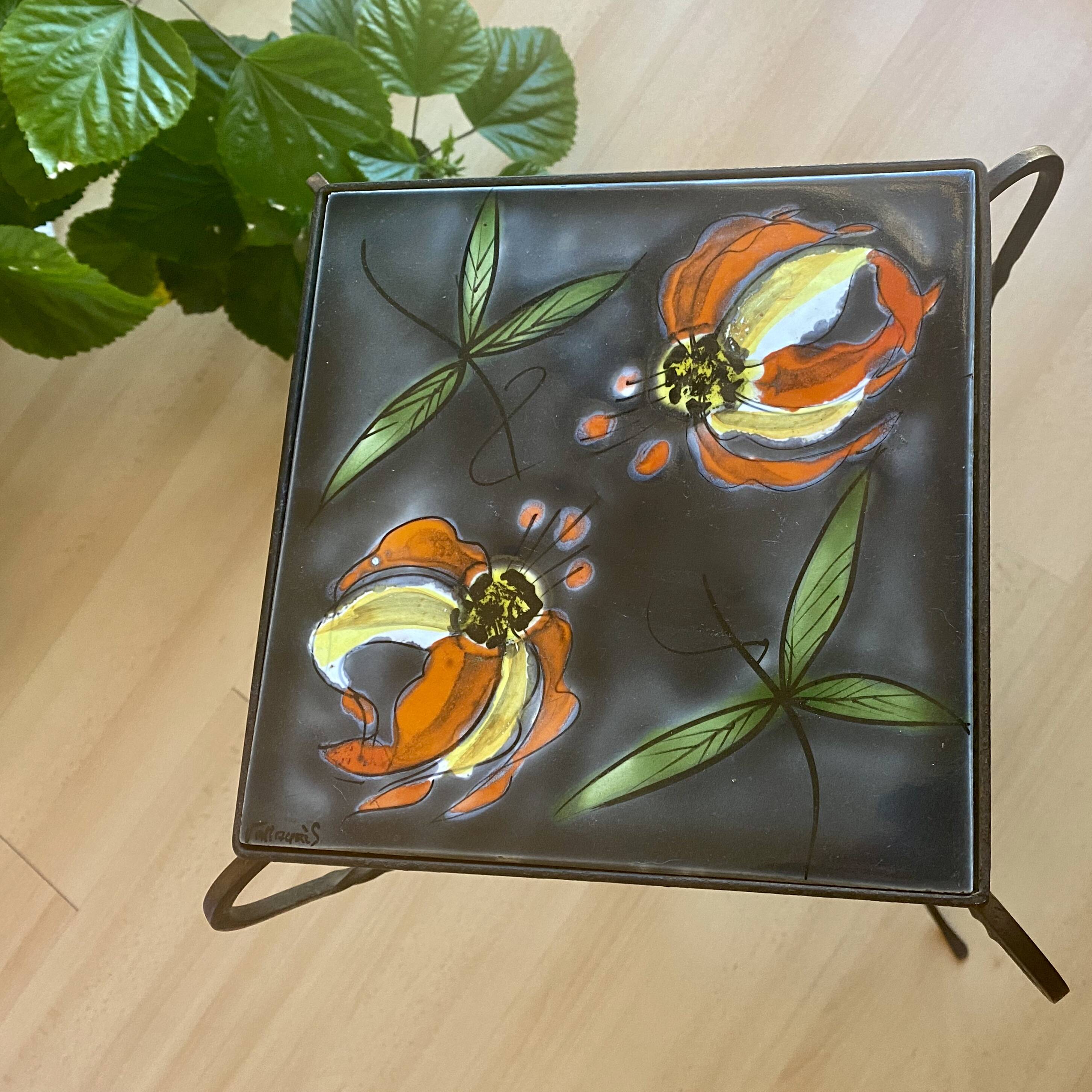 Vintage wrought iron and ceramic side table from Vallauris