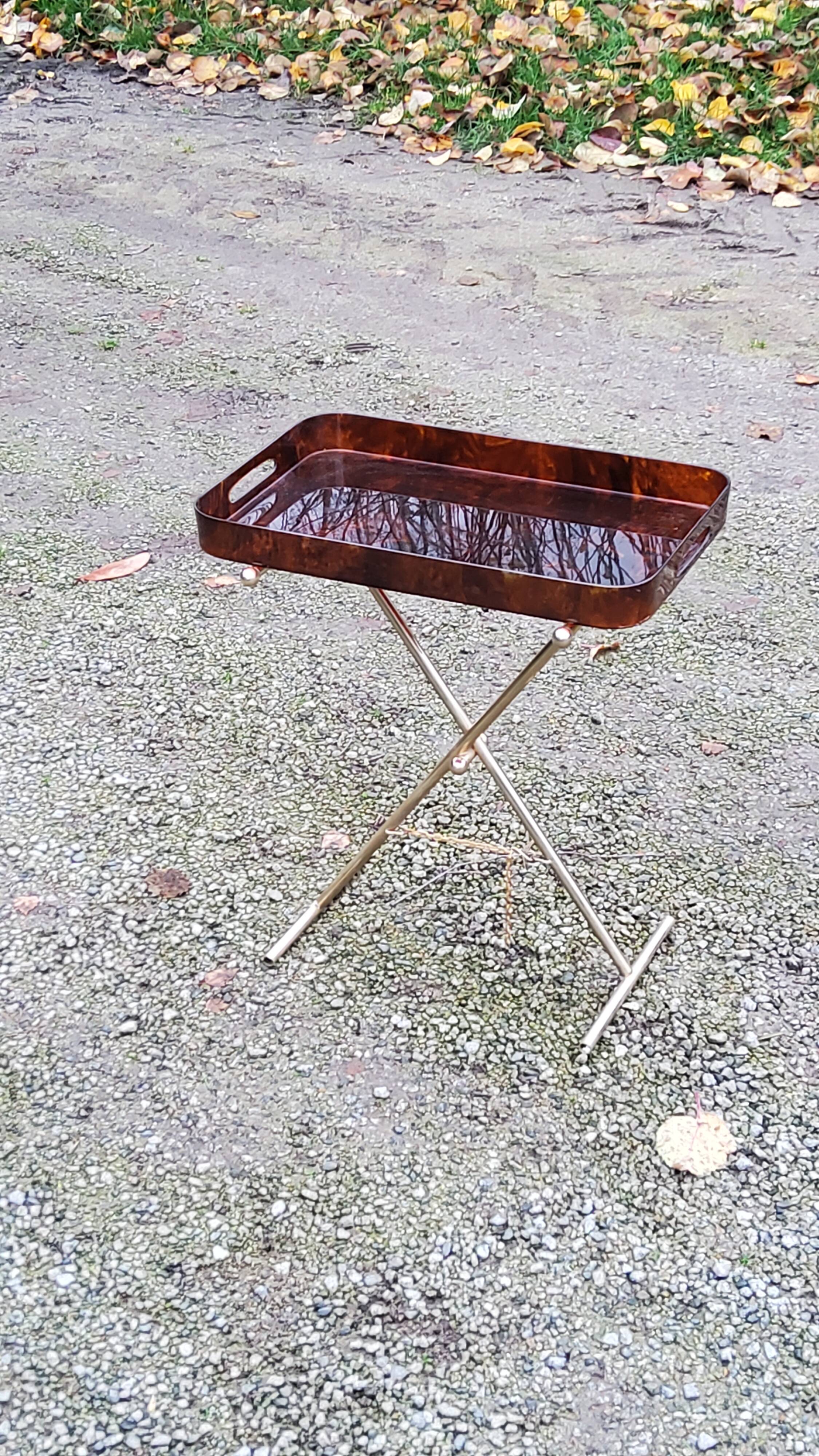 Gold metal side table with tortoiseshell lucite top from the 70s