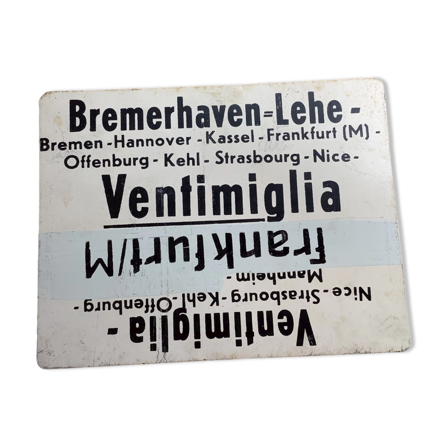 Vintage SNCF painted metal plate double, back / line:Ventimiglia / Frankfurt