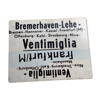 Vintage SNCF painted metal plate double, back / line:Ventimiglia / Frankfurt