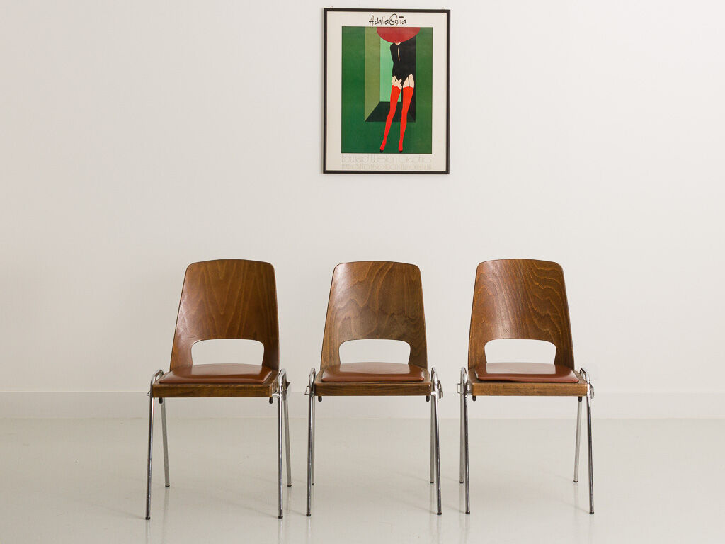 Set of 3 Jomain Baumann chairs, seat in imitation cognac leather, circa 1960