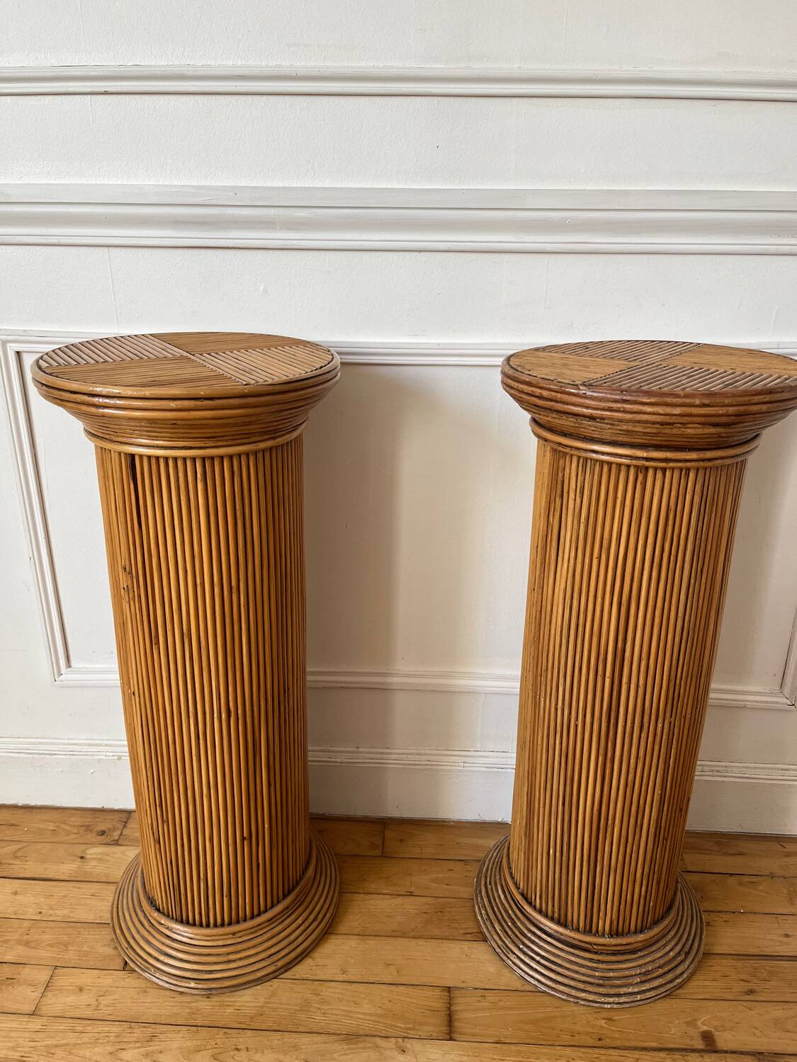 Pair of vintage rattan veneer columns