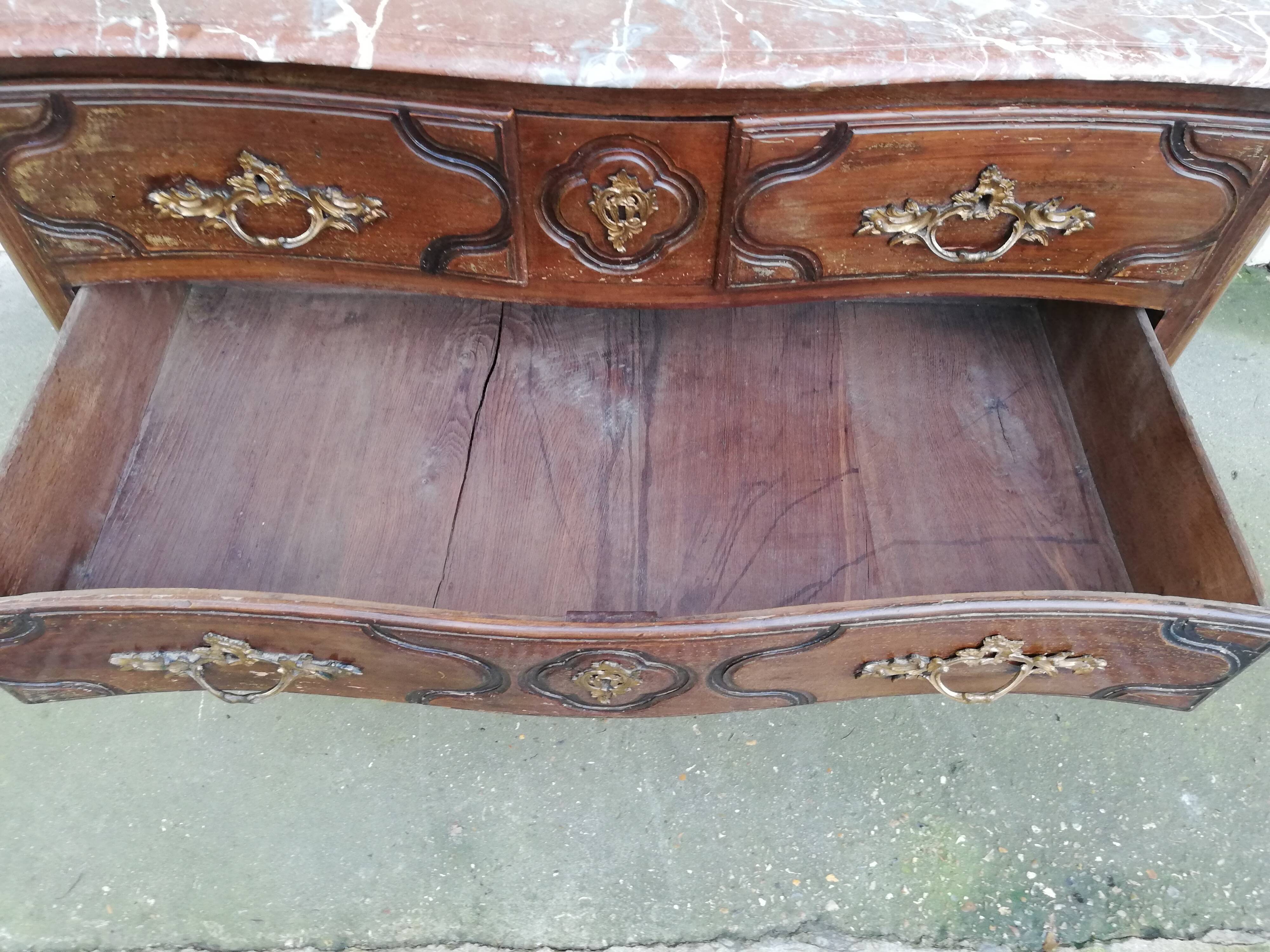 Louis XVI style curved chest of drawers, wooden structure and marble top