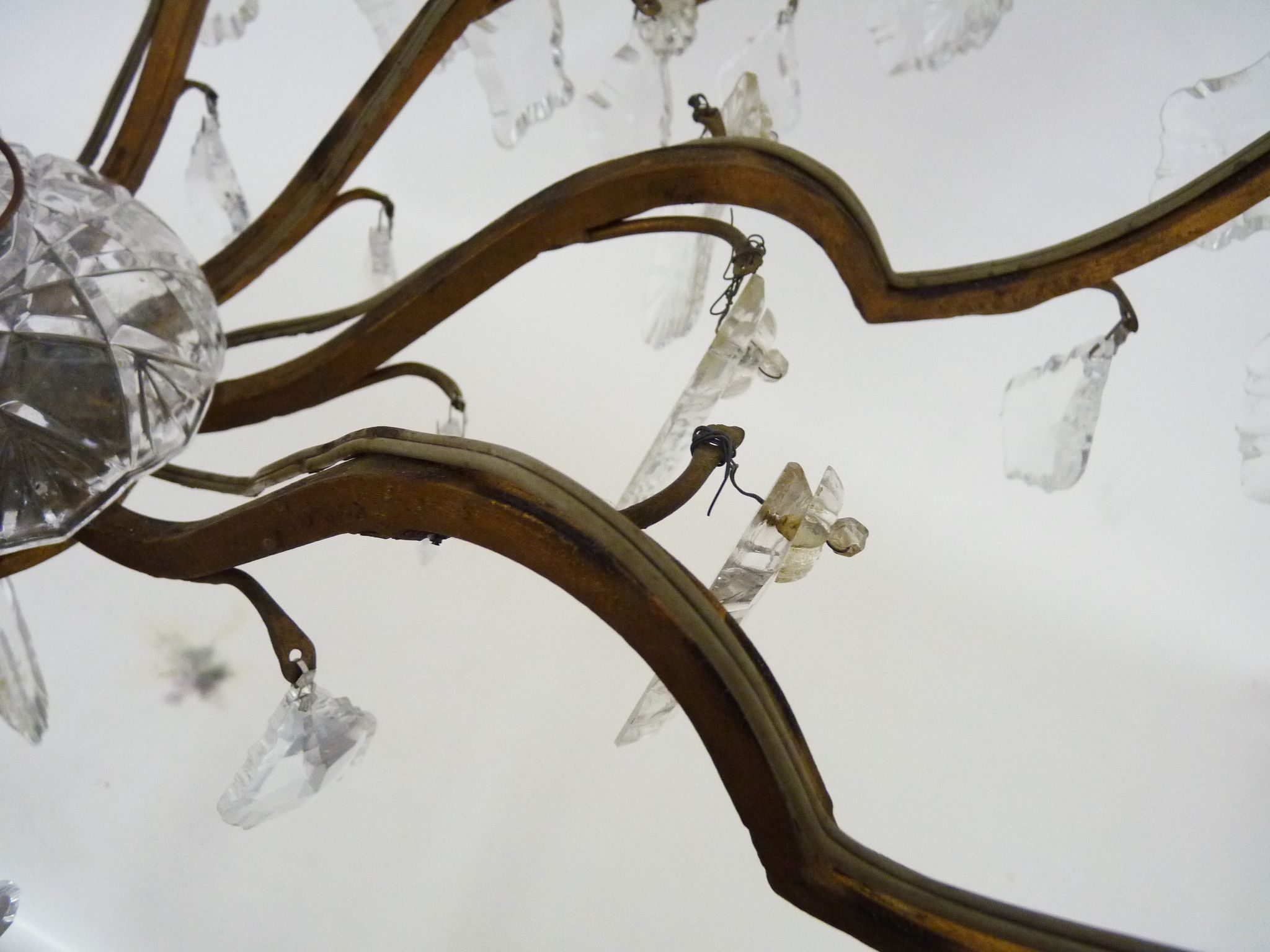 Old chandelier, suspension, old luminaire with 10 branches, brass and glass. 50s