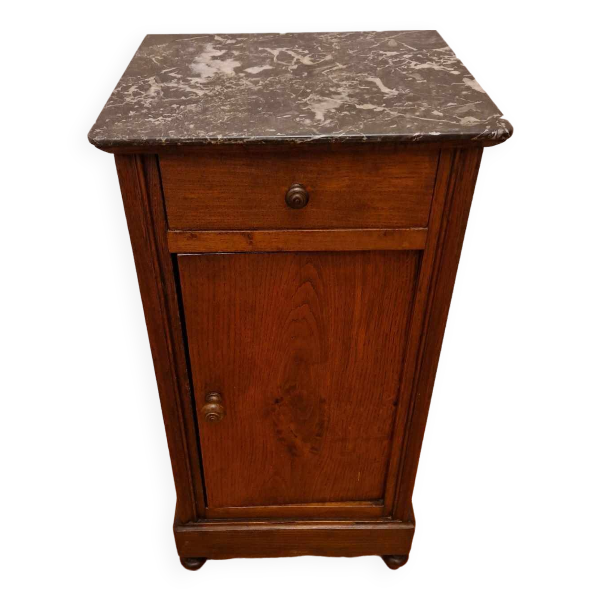 Antique wooden bedside table with black marble top