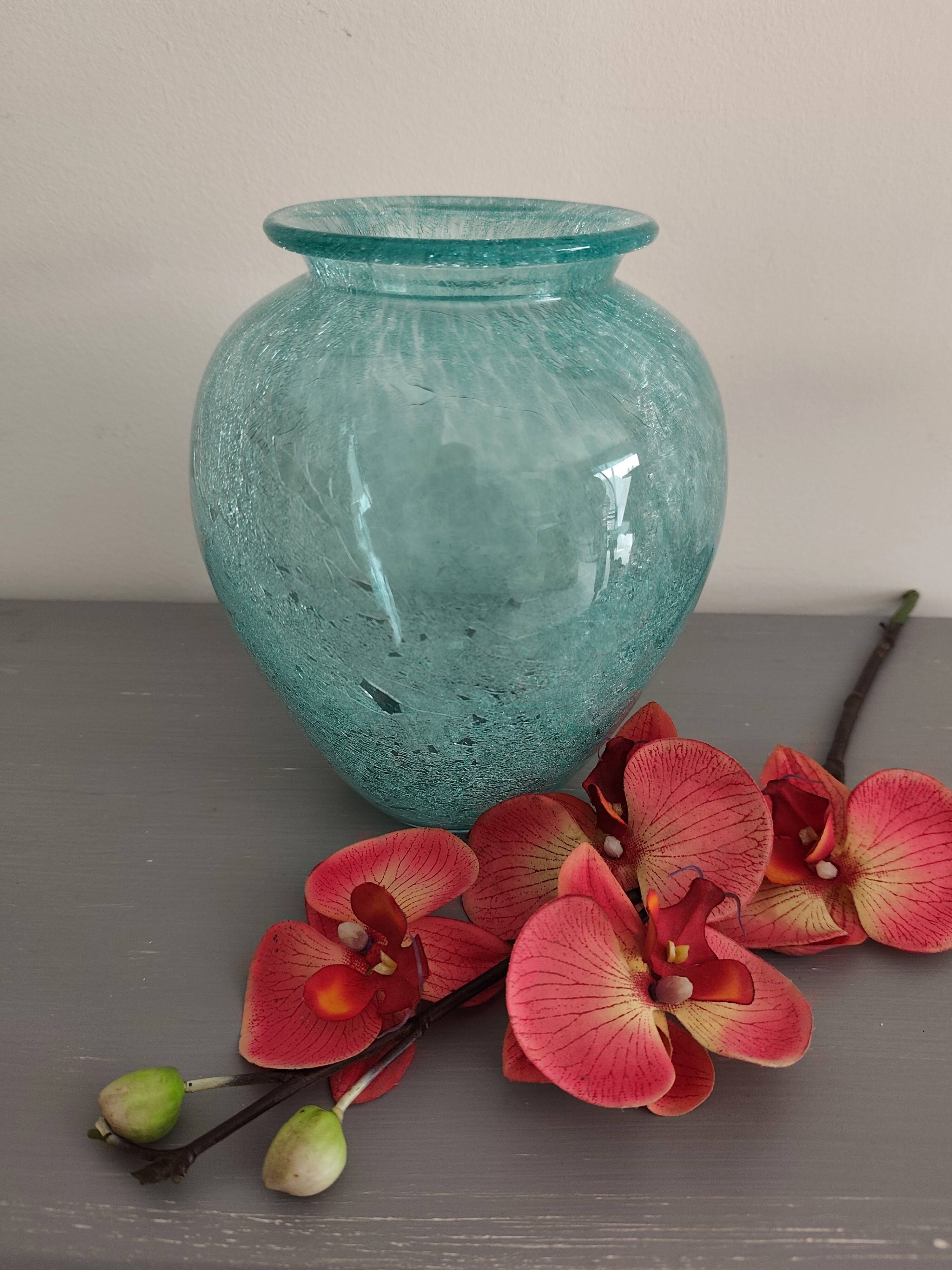 vase Karcagi Fátyolüveg cracked glass turquoise / blue-green water Hungary