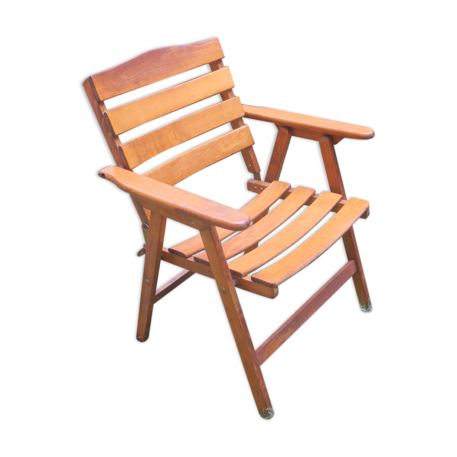 Mid century patinated wood folding garden or patio elbow chair, 1960s