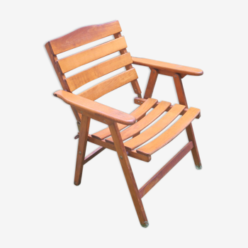 Fauteuil coudière pliant en bois patiné du milieu du siècle, années 1960