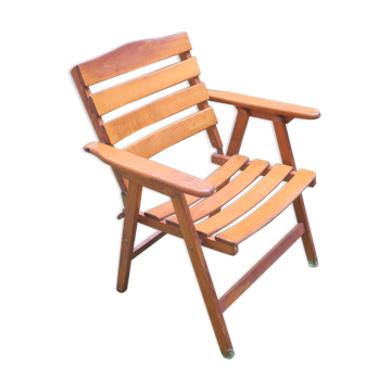 Fauteuil coudière pliant en bois patiné du milieu du siècle, années 1960